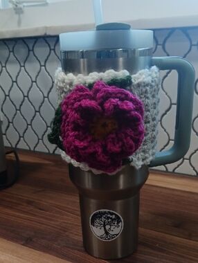 Handmade Crocheted Flower Cozy  with Pink Flower